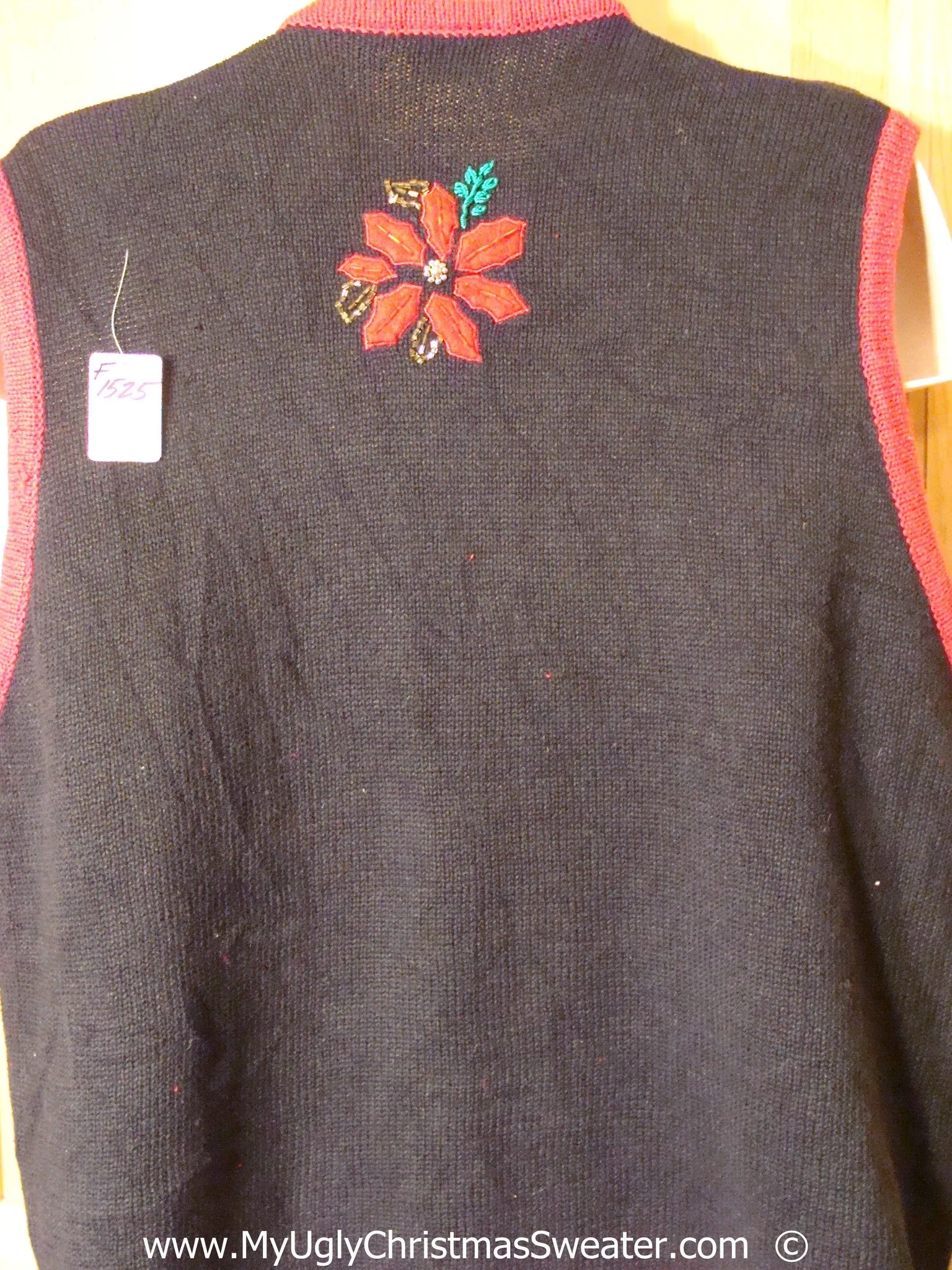 Black Festive Christmas Sweater Vest with Red Poinsettias