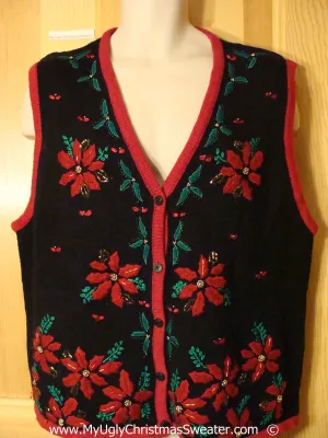 Black Festive Christmas Sweater Vest with Red Poinsettias