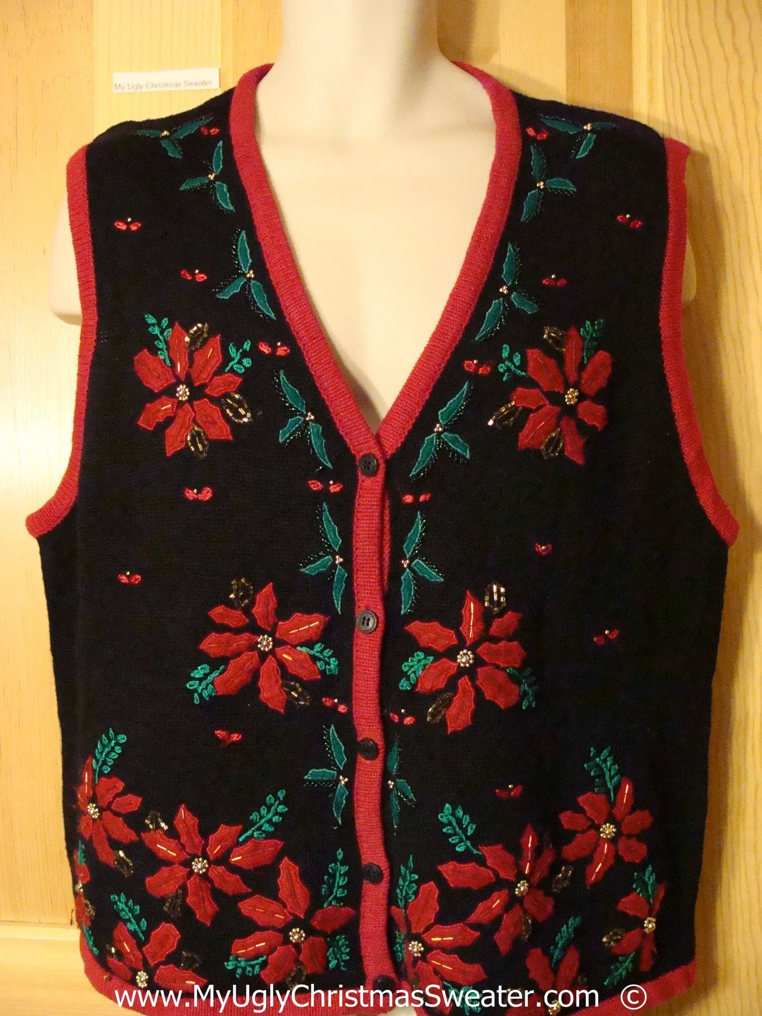 Black Festive Christmas Sweater Vest with Red Poinsettias