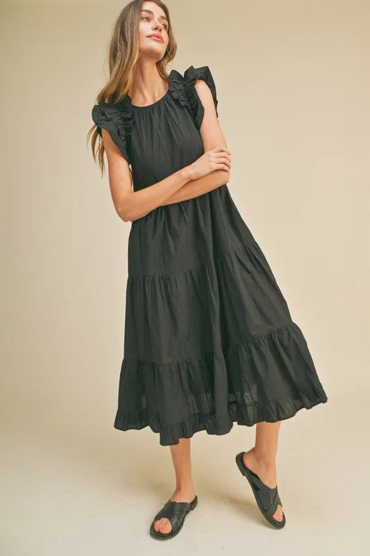 Black Flutter Sleeve Tiered Midi Dress