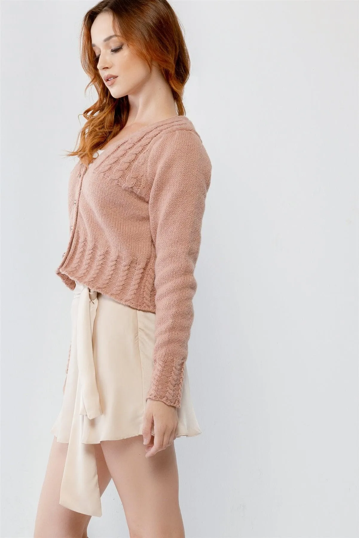 Blush Cable Knit Front Button-Up Long Sleeve Cropped Sweater /2-2-2