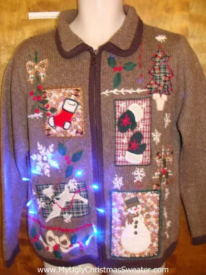 Corny Brown Knit with Reindeer Light Up Ugly Xmas Sweater