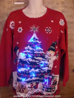 Corny Trree with Snowmen Light Up Ugly Xmas Sweater