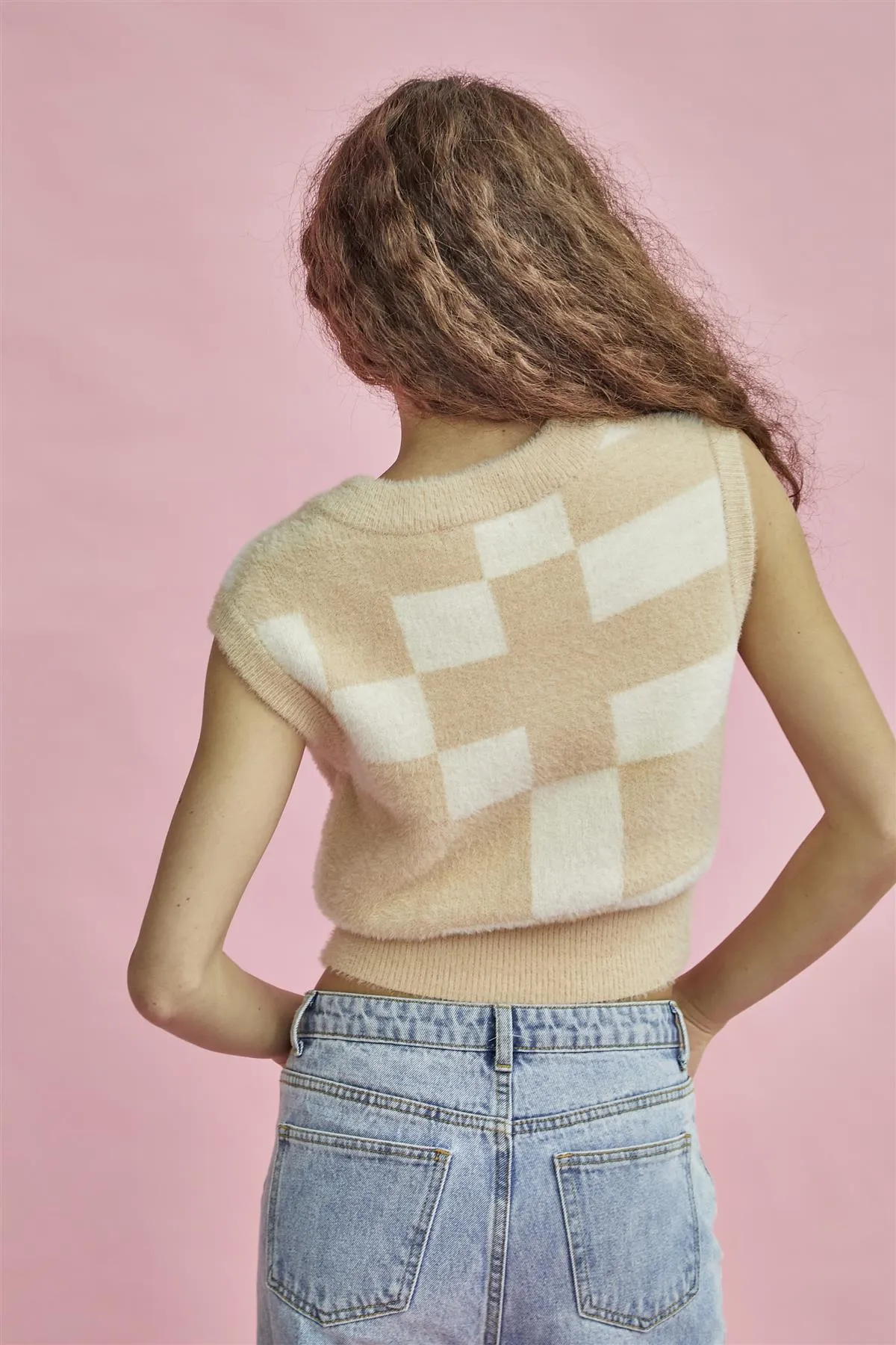 Creame Beige Intarsia Sweater Vest Crop-Top