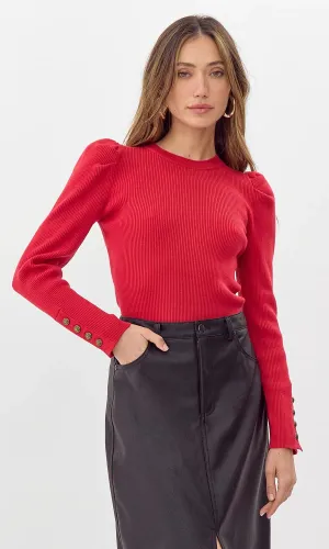 Dani Puff Alv Rib Knit Top-Red