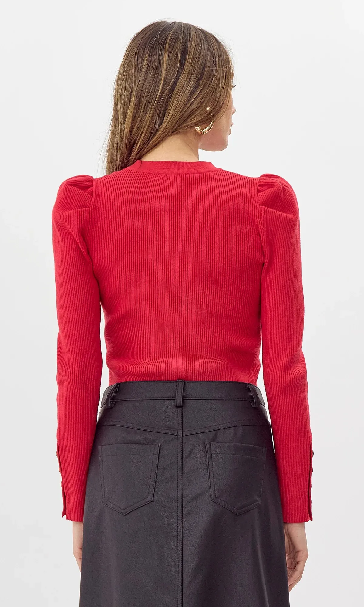 Dani Puff Alv Rib Knit Top-Red