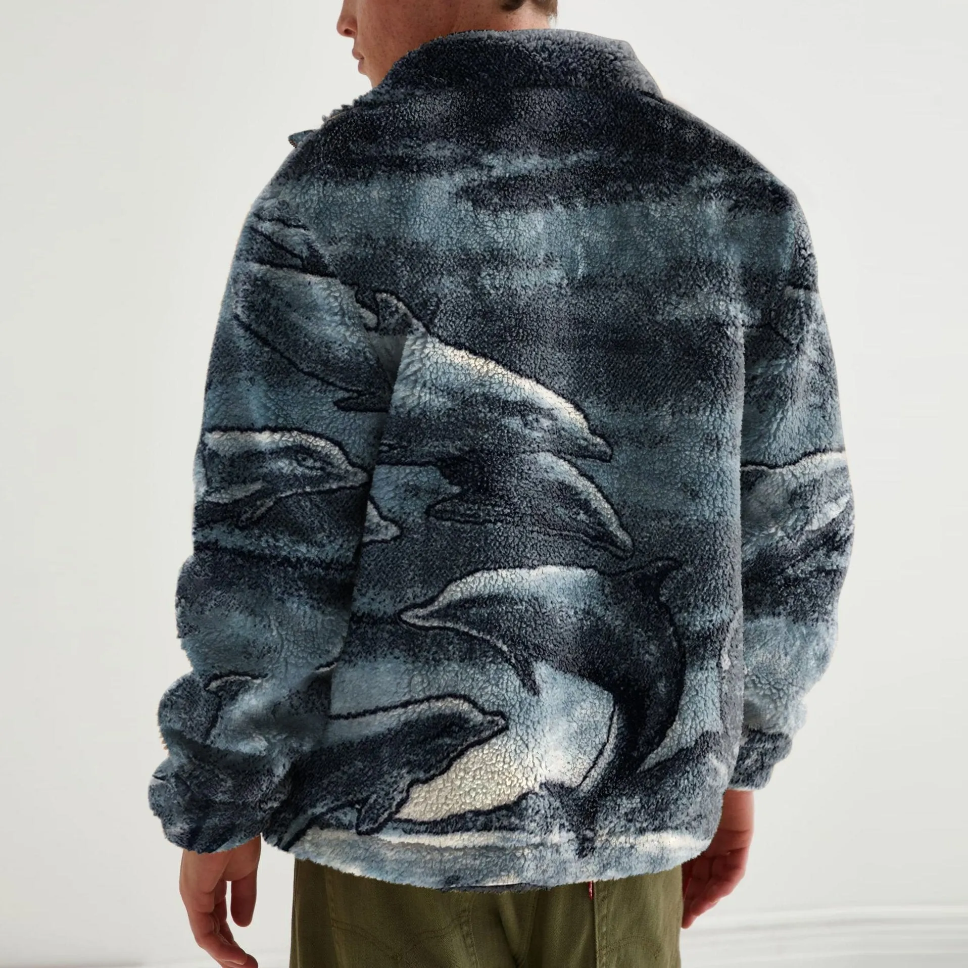 Fashion retro dolphin print polar fleece jacket