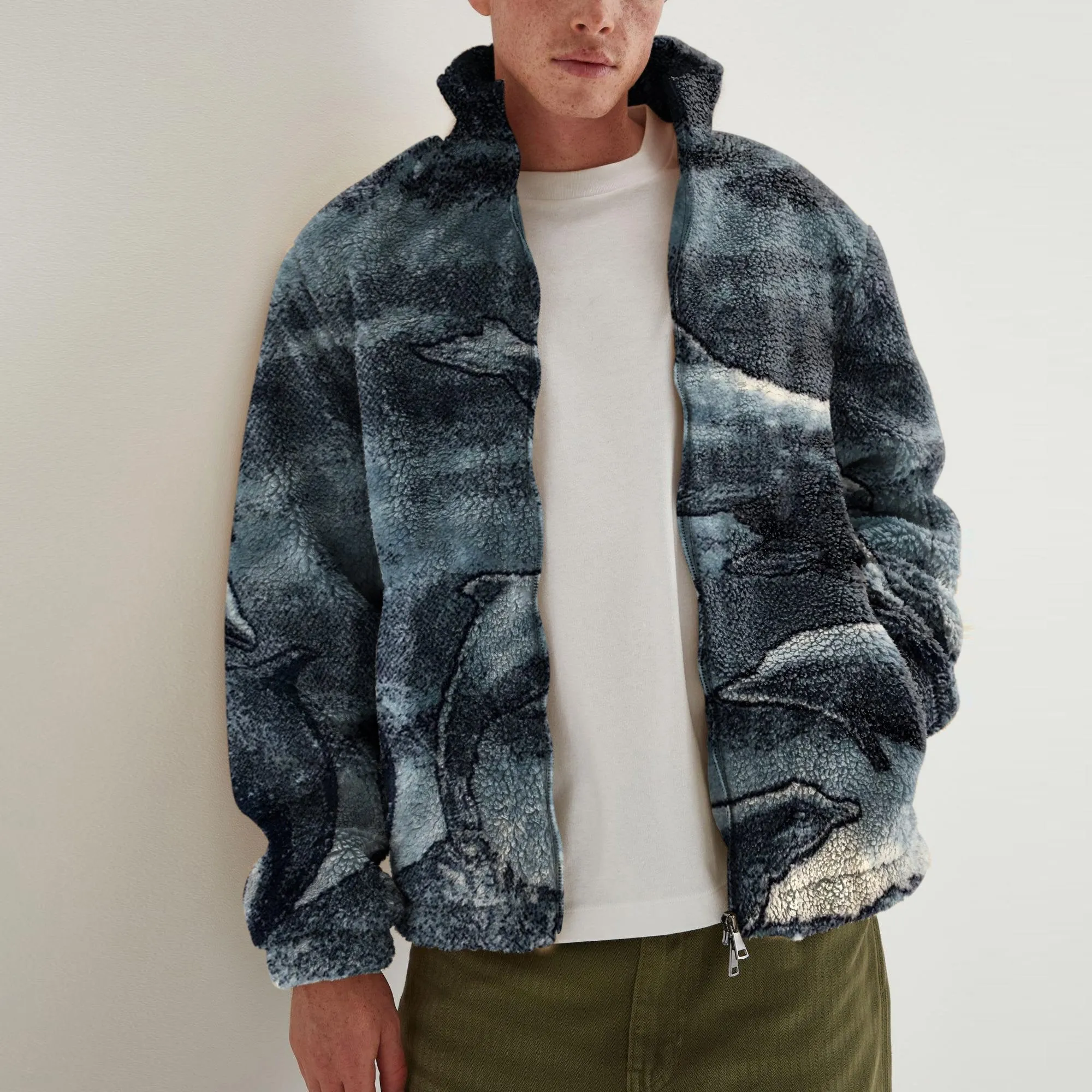 Fashion retro dolphin print polar fleece jacket