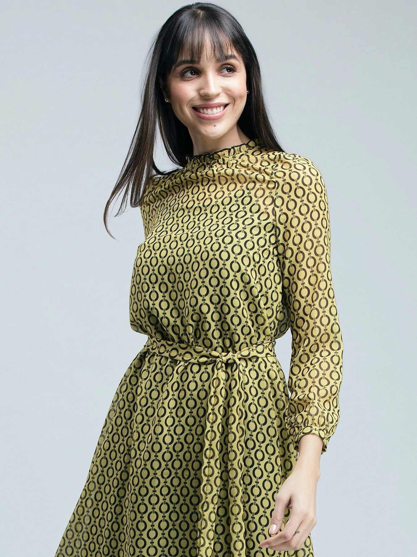 Geometric Print Ruffled A Line Dress - Yellow and Black