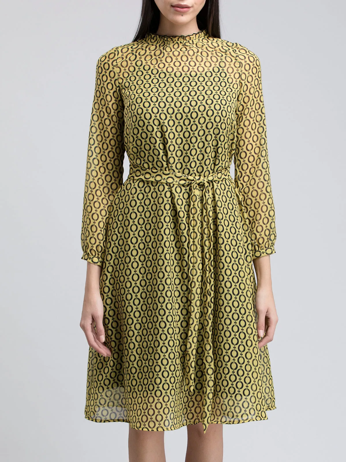 Geometric Print Ruffled A Line Dress - Yellow and Black