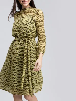 Geometric Print Ruffled A Line Dress - Yellow and Black
