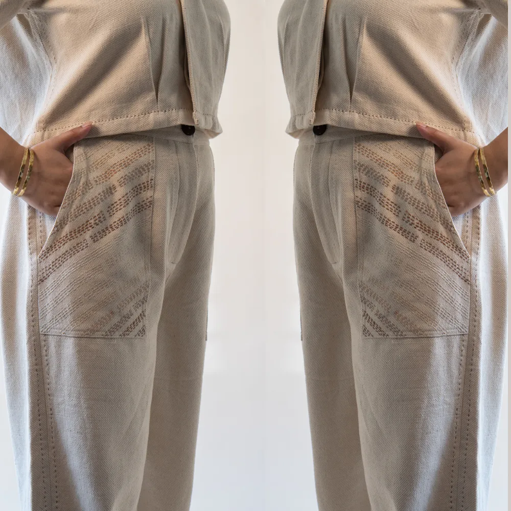 Ivory Denim Pants | Adorned with Kantha | Sophisticated Simplicity