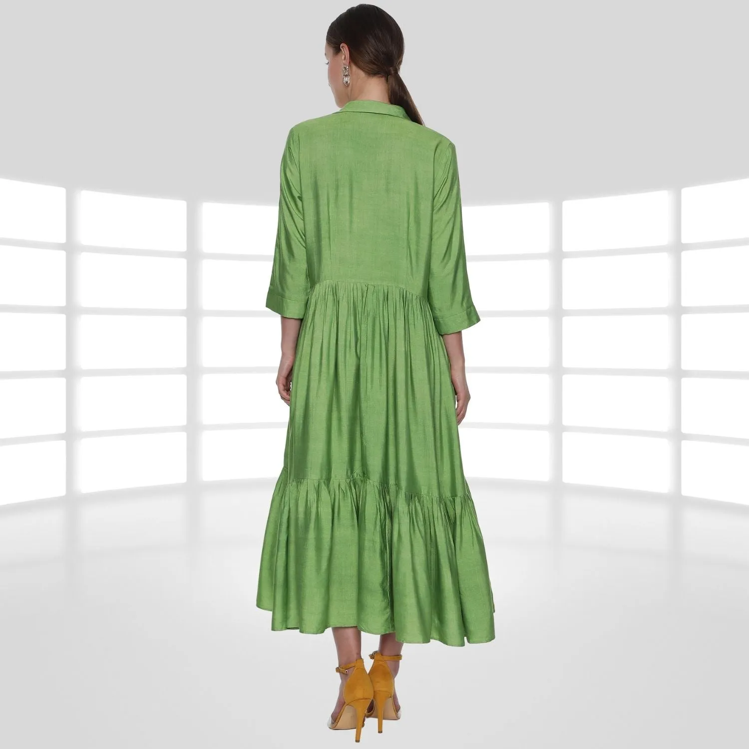 Juliane Tier Dress | Hand-Embroidered | Sophisticated Style | Comfy Wear | Green