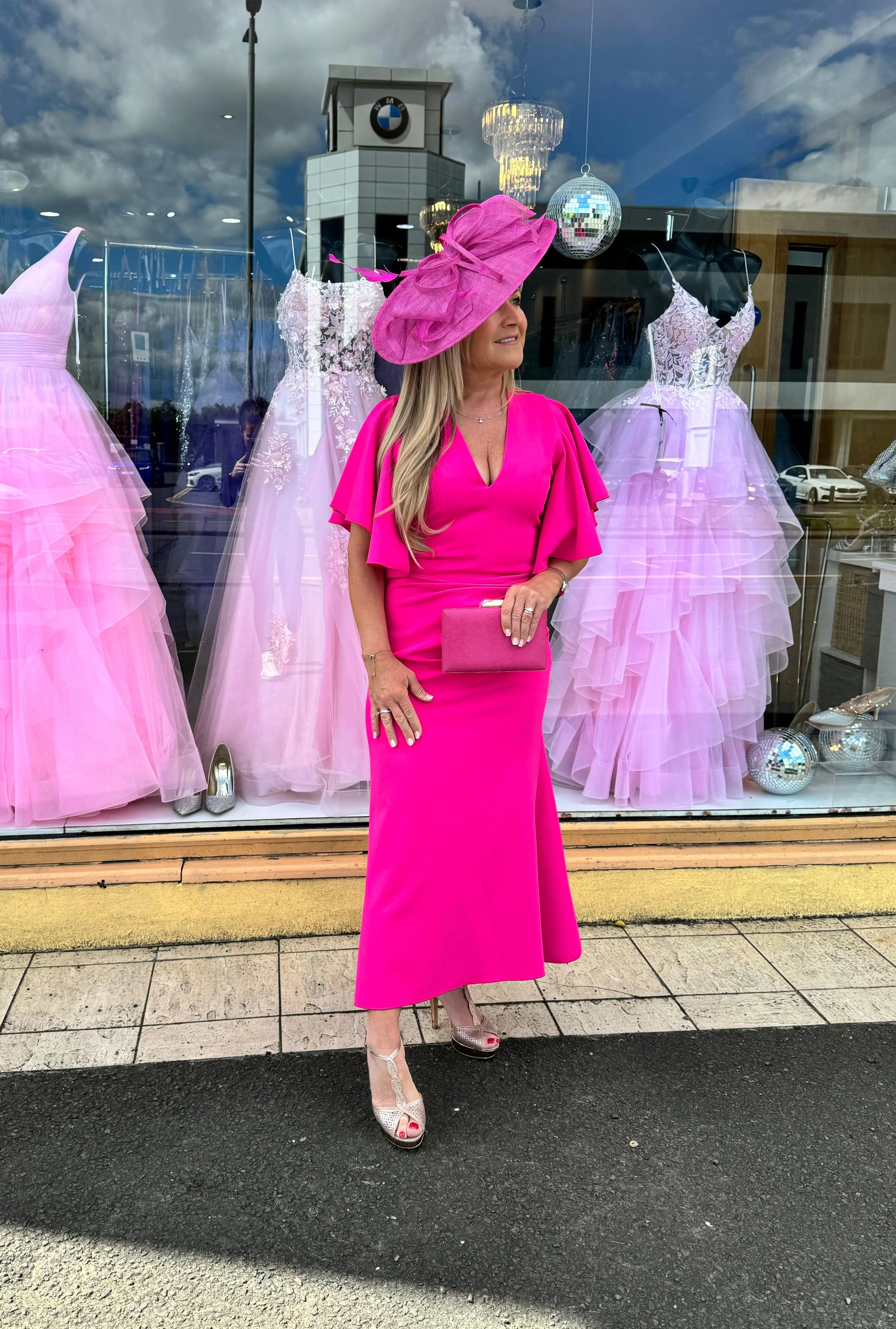Kevan Jon Tilly frill midi dress in flo pink