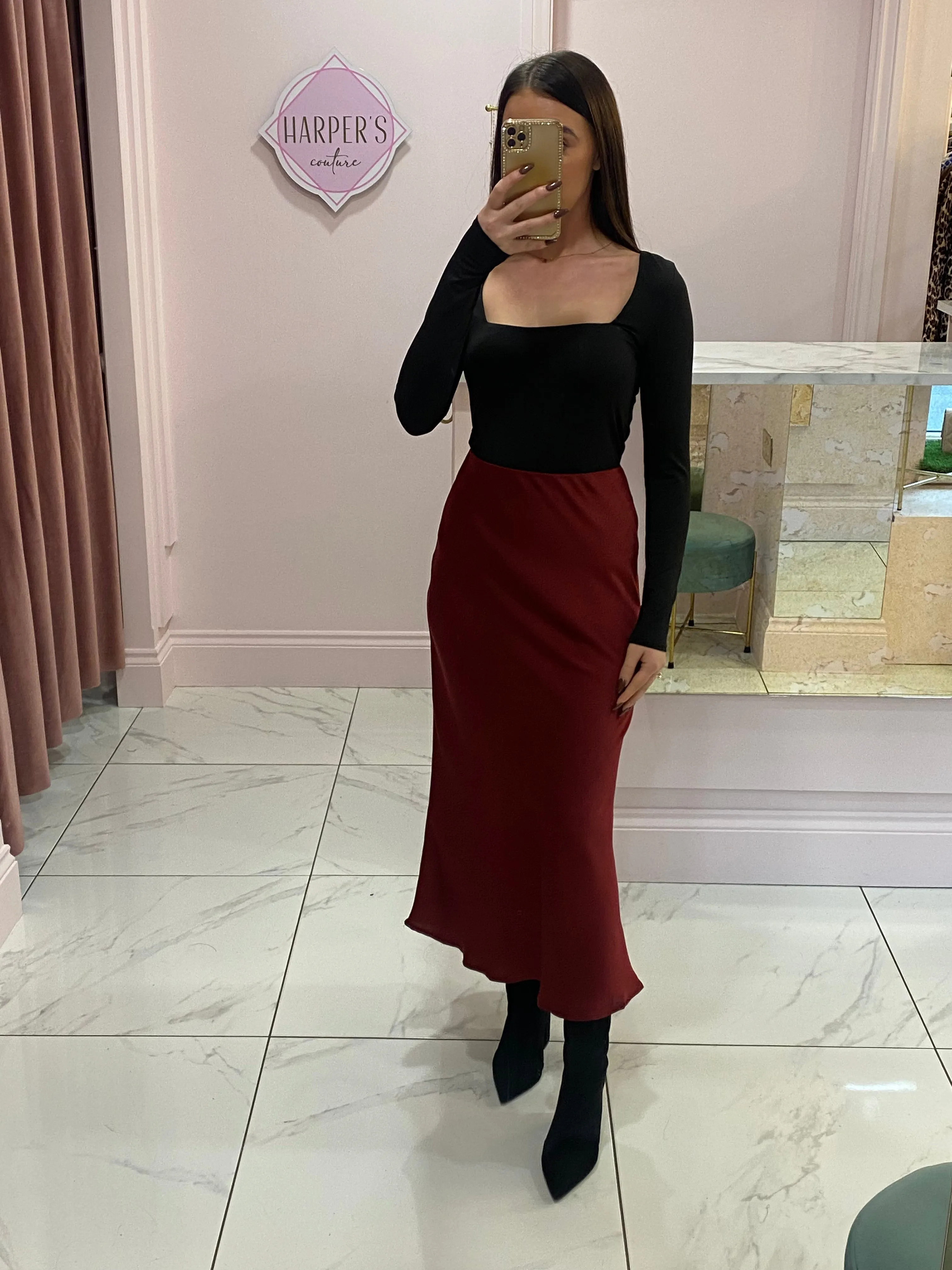 Leona Burgundy Satin Midi Skirt