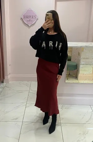 Leona Burgundy Satin Midi Skirt
