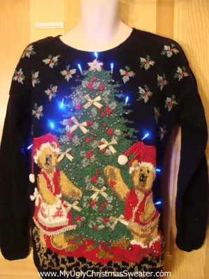 Light Up Ugly Xmas Sweater Pullover with Huge Tree and Two Bears