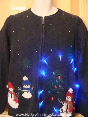 Light Up Ugly Xmas Sweater Snowmen Decorating a Tree 2sided