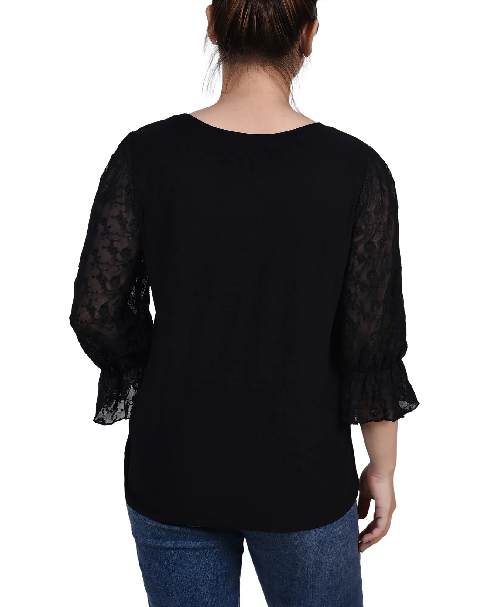 Petite 3/4 Sleeve Crepe Top With Embroidered Mesh Yoke And Sleeves