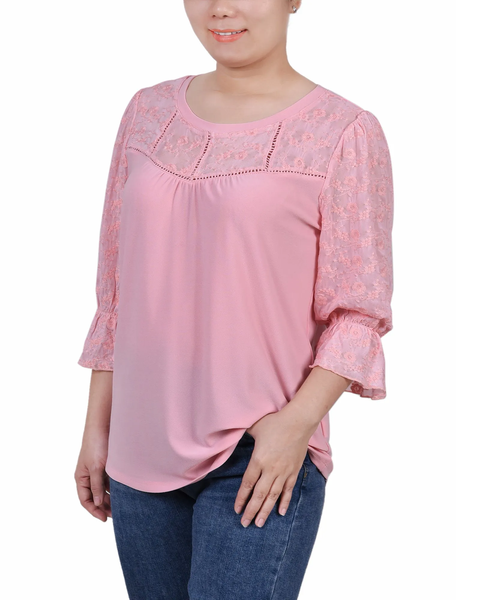 Petite 3/4 Sleeve Crepe Top With Embroidered Mesh Yoke And Sleeves
