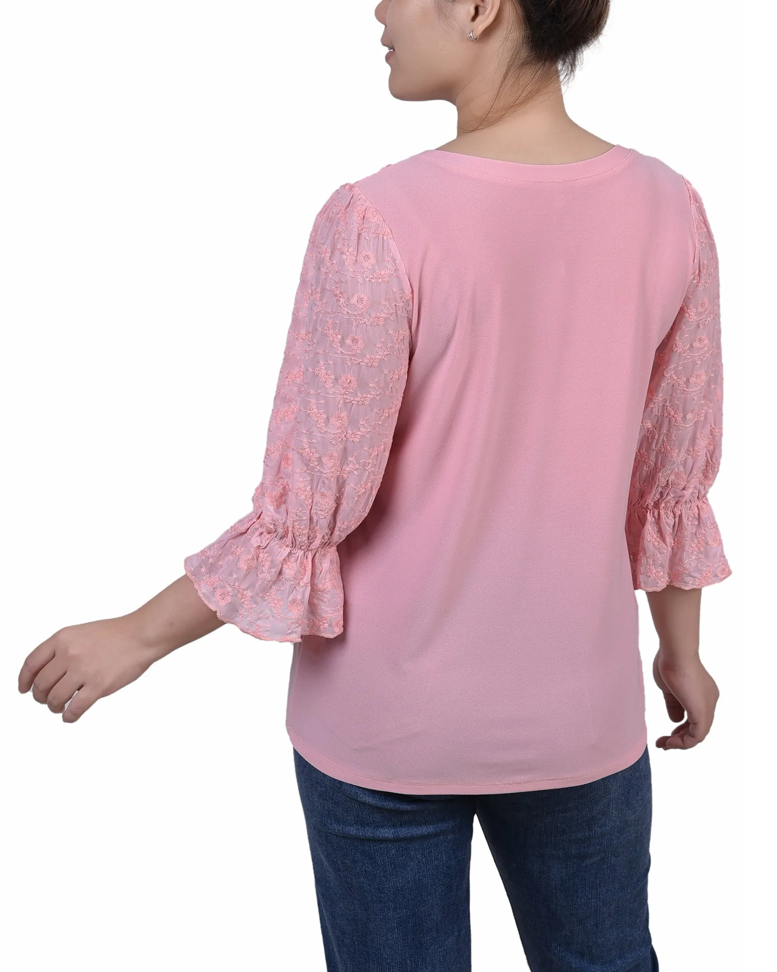 Petite 3/4 Sleeve Crepe Top With Embroidered Mesh Yoke And Sleeves