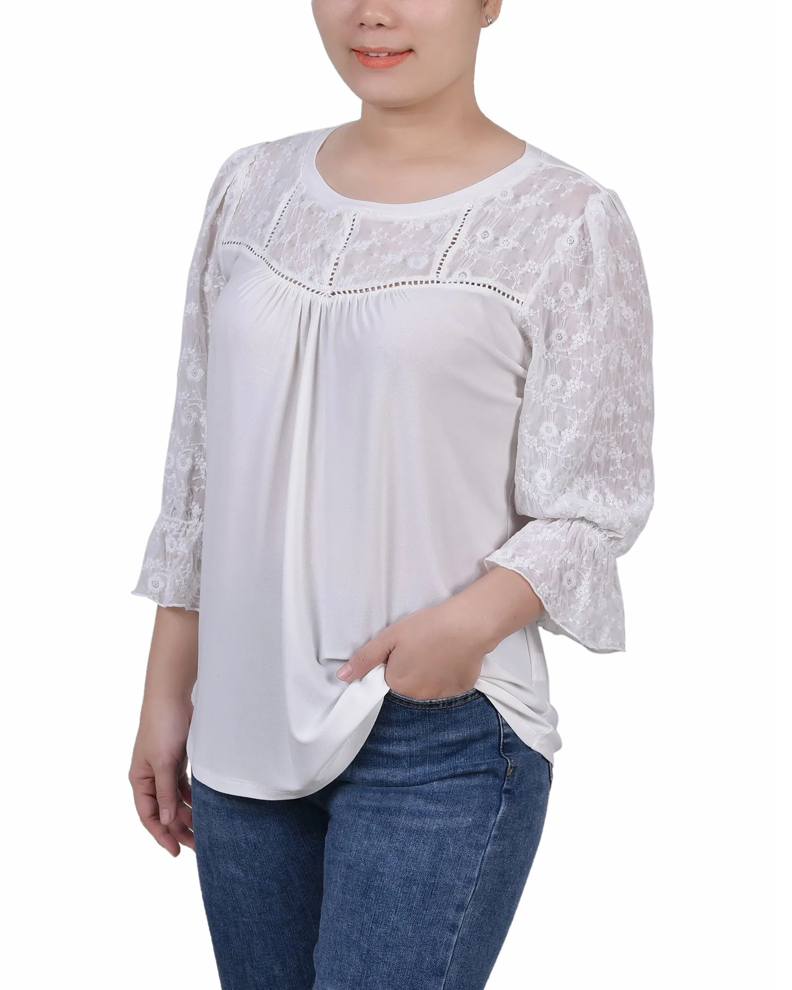 Petite 3/4 Sleeve Crepe Top With Embroidered Mesh Yoke And Sleeves