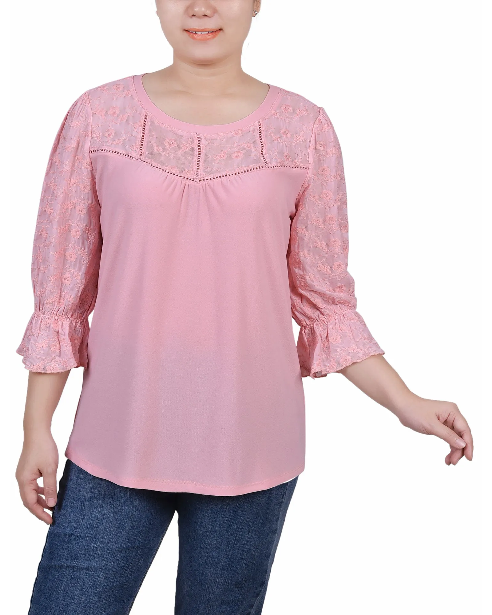 Petite 3/4 Sleeve Crepe Top With Embroidered Mesh Yoke And Sleeves
