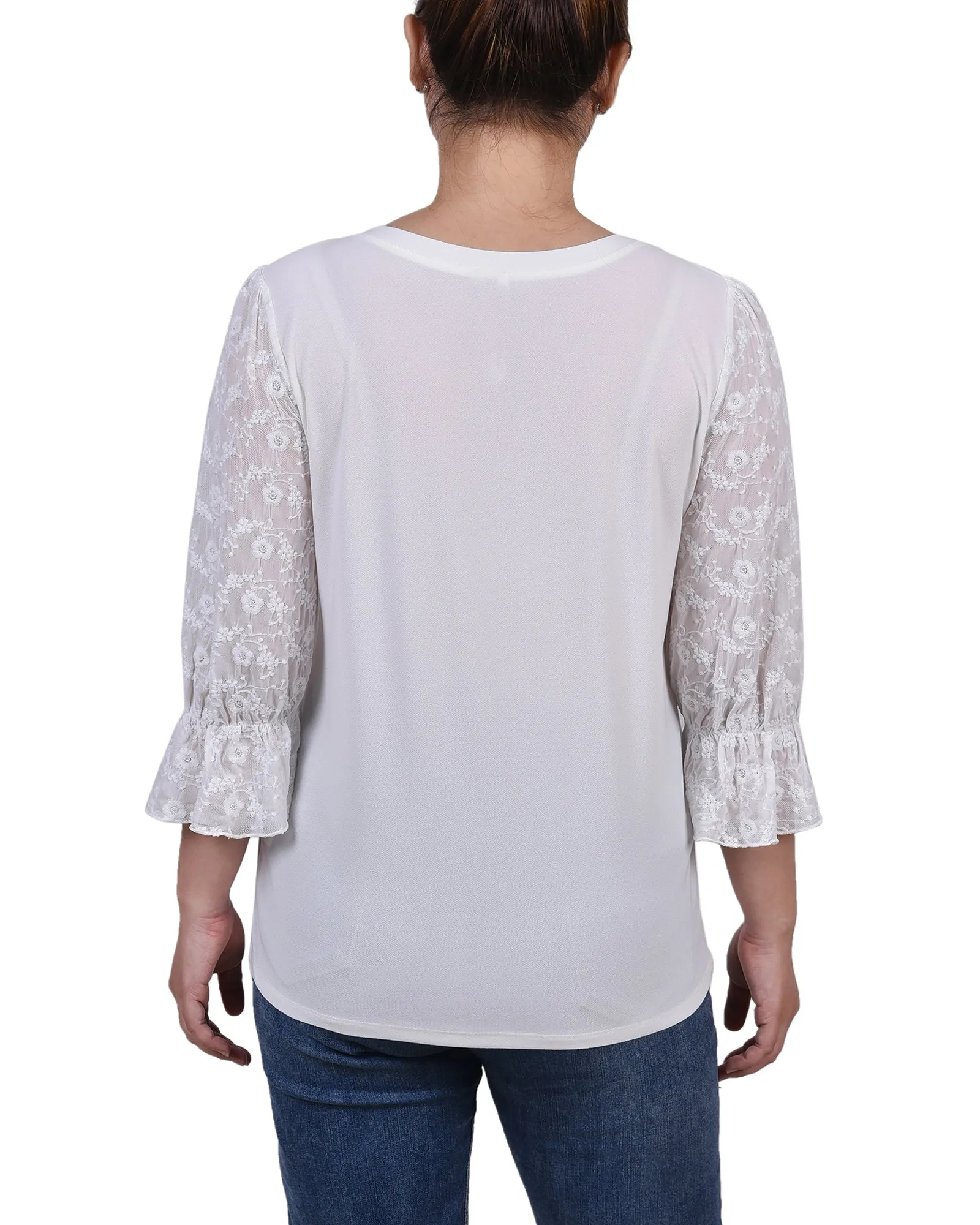 Petite 3/4 Sleeve Crepe Top With Embroidered Mesh Yoke And Sleeves