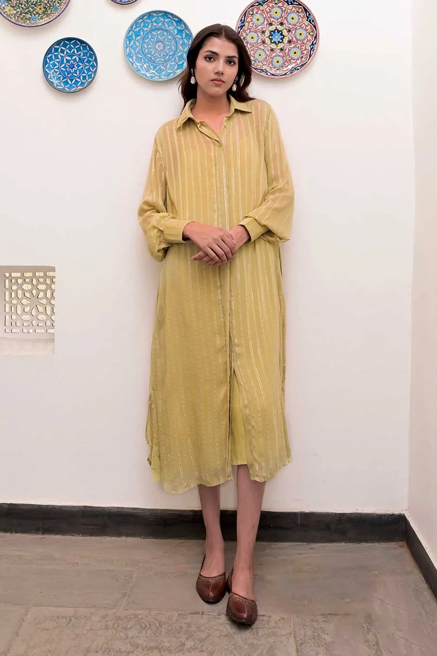 Pistavi Zari Textured Shirt Dress