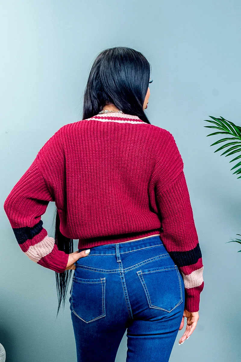 'Queen B' Varsity Style Cropped Rib Knit Button Down Cardigan with Contrast Striped Long Sleeves (90038WH)