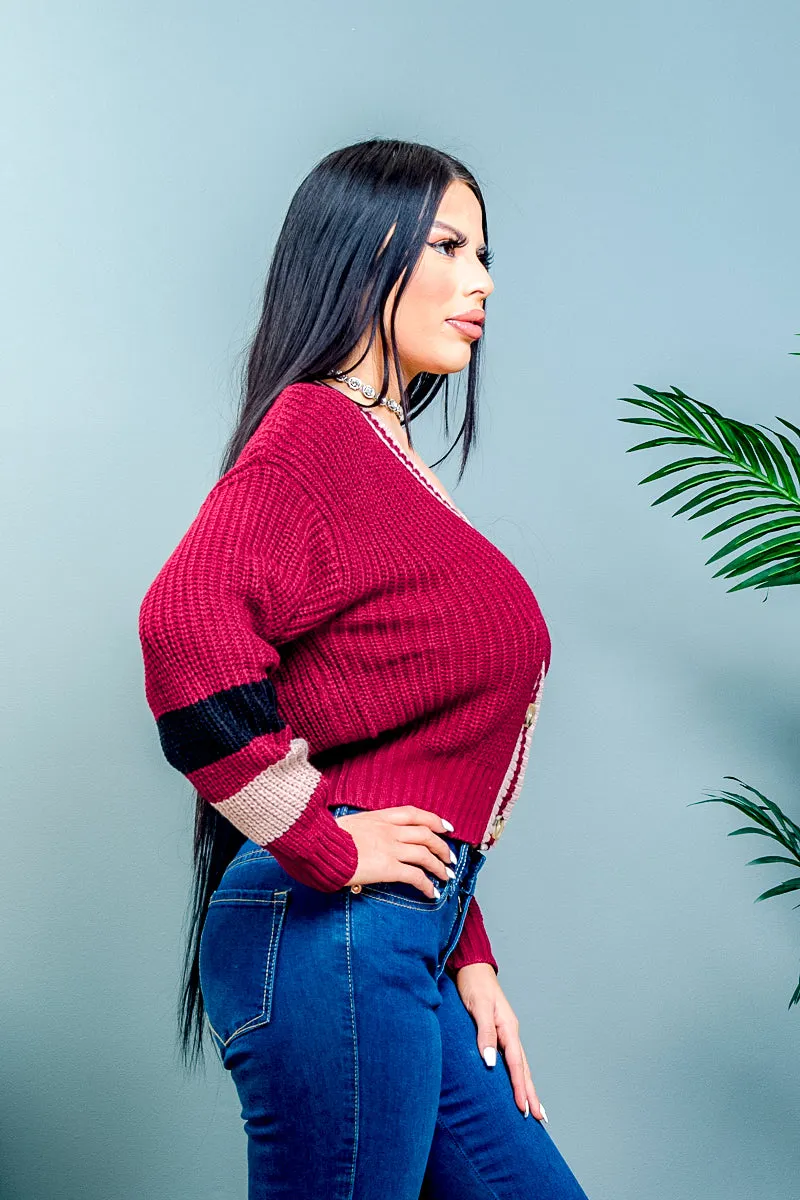 'Queen B' Varsity Style Cropped Rib Knit Button Down Cardigan with Contrast Striped Long Sleeves (90038WH)