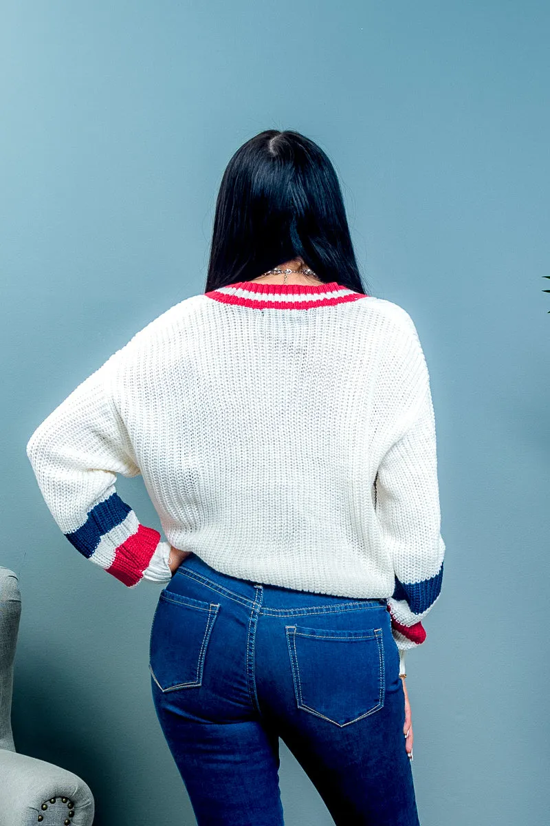 'Queen B' Varsity Style Cropped Rib Knit Button Down Cardigan with Contrast Striped Long Sleeves (90038WH)