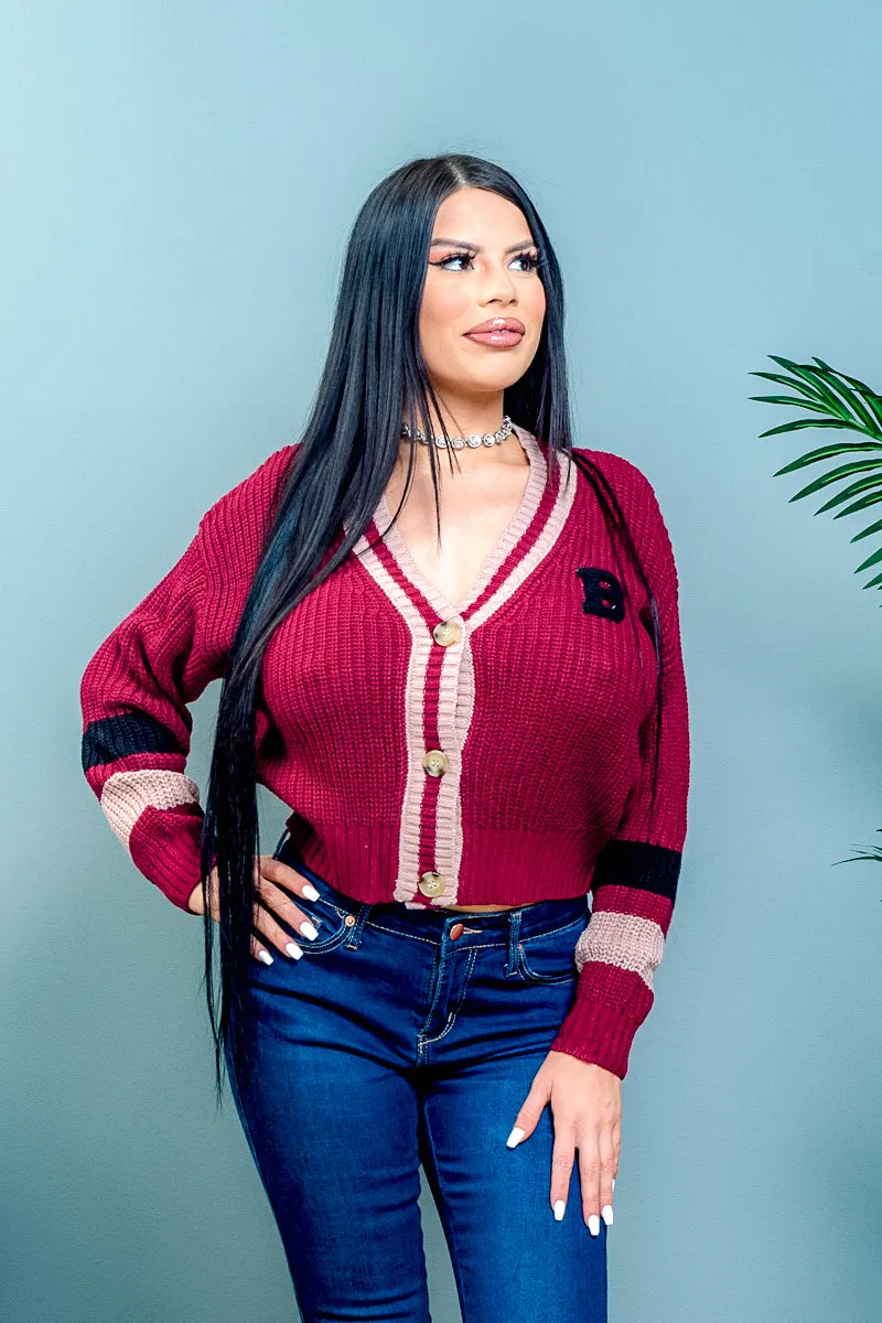 'Queen B' Varsity Style Cropped Rib Knit Button Down Cardigan with Contrast Striped Long Sleeves (90038WH)