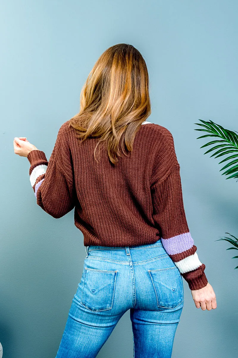 'Queen B' Varsity Style Cropped Rib Knit Button Down Cardigan with Contrast Striped Long Sleeves (90038WH)