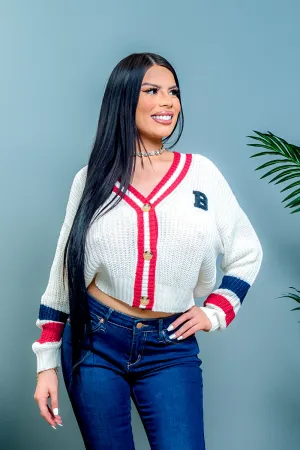 'Queen B' Varsity Style Cropped Rib Knit Button Down Cardigan with Contrast Striped Long Sleeves (90038WH)
