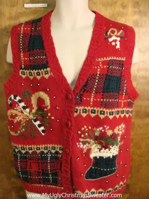 Red Plaid Themed Tacky Bad Christmas Sweater Vest