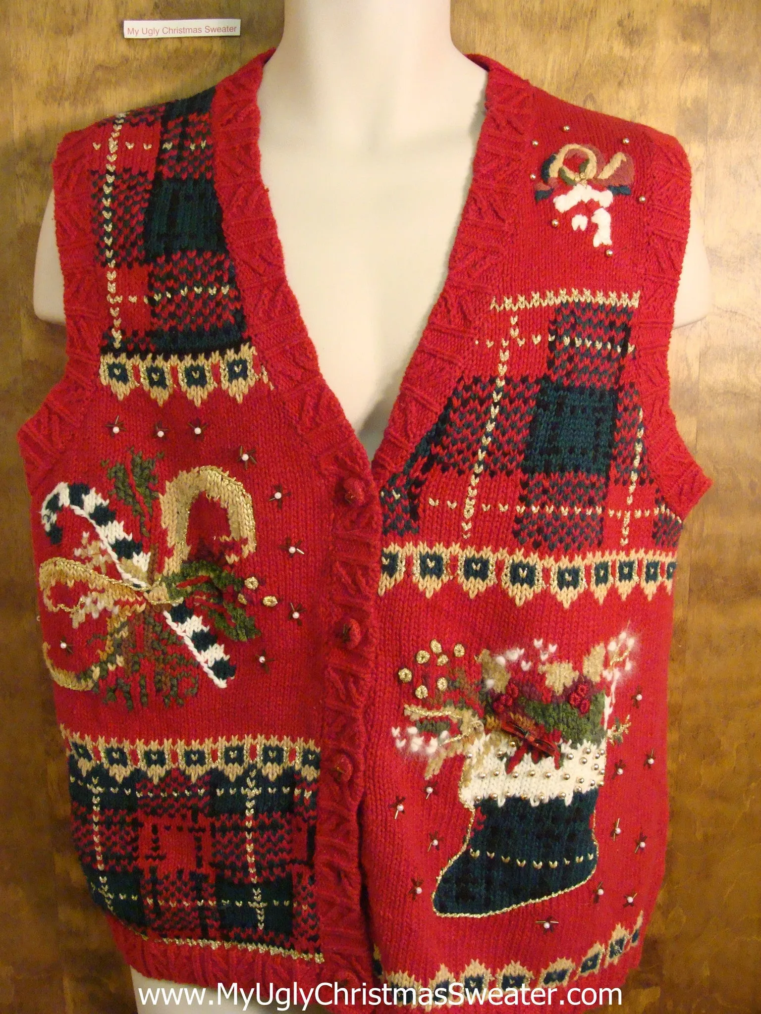 Red Plaid Themed Tacky Bad Christmas Sweater Vest
