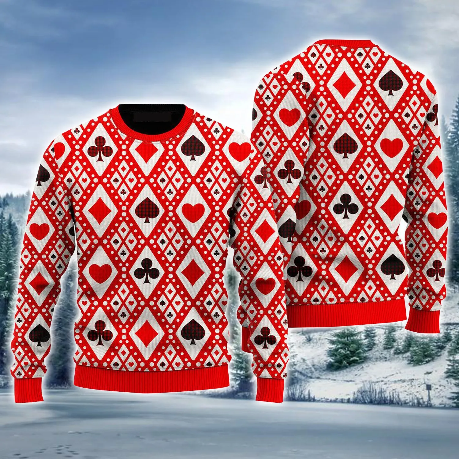 Red Seamless Playing For Xmas Pattern Ugly Christmas Sweater, Christmas Ugly Sweater For Men & Women