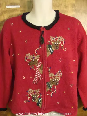 Reindeer Hanging Christmas Lights Funny Ugly Sweater for a Christmas Party