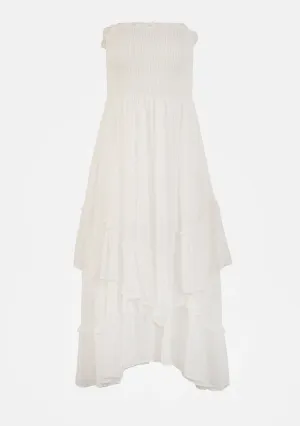 Smocked Tiered Strapless Midi Dress