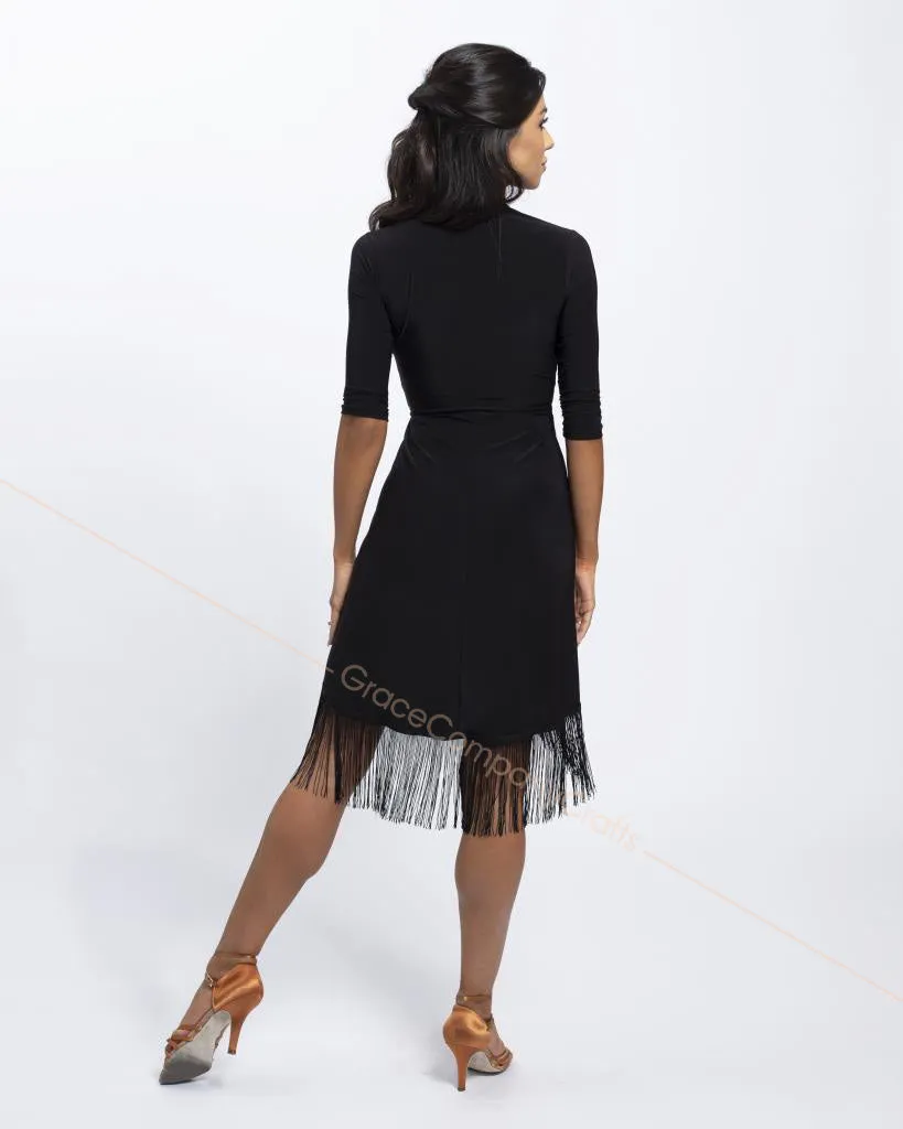 Sophisticated Draped Fringe Dress with V-Neckline and Fringed Edging