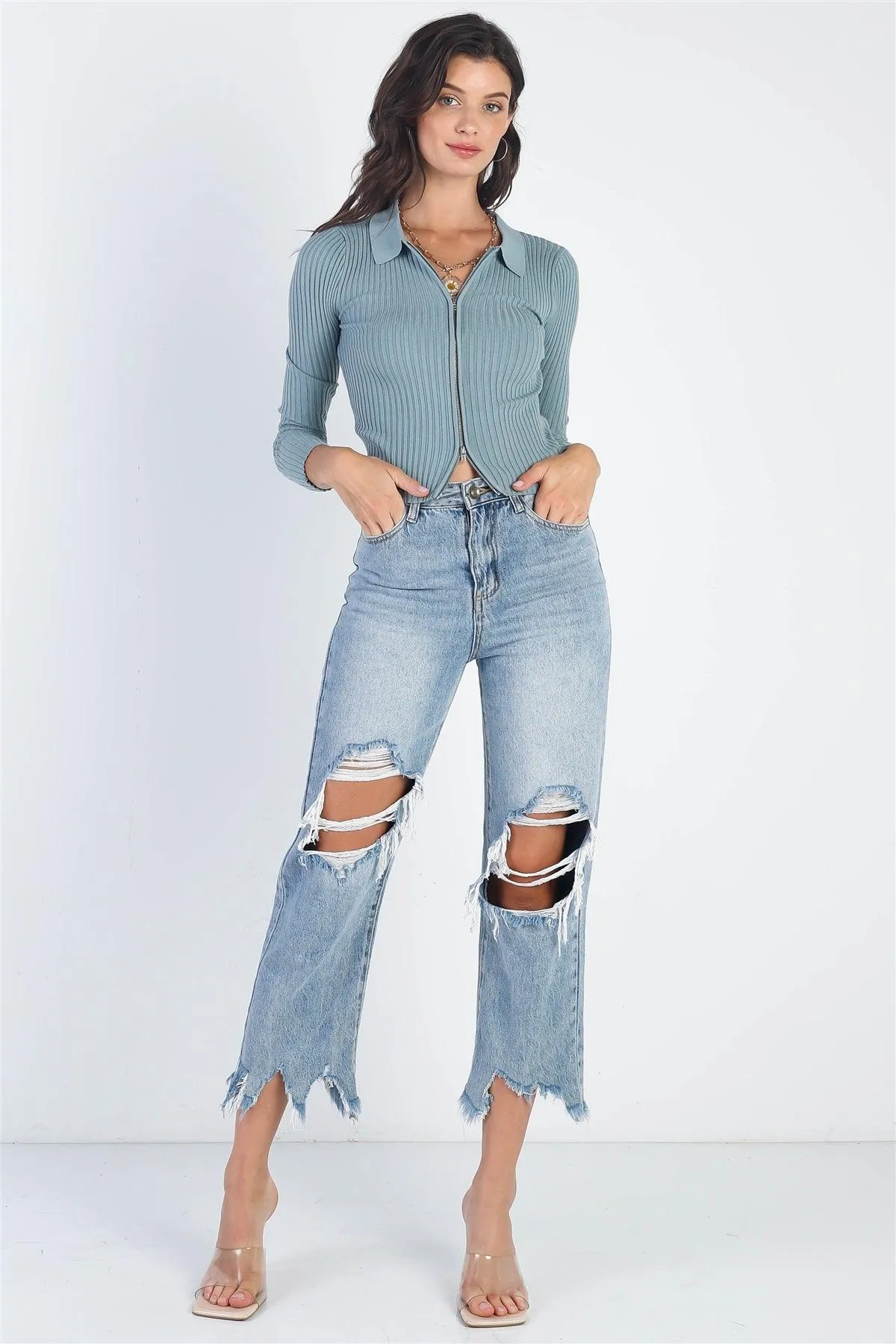 Stone Blue Ribbed Zip-Up Collared Long Sleeve Knit Top