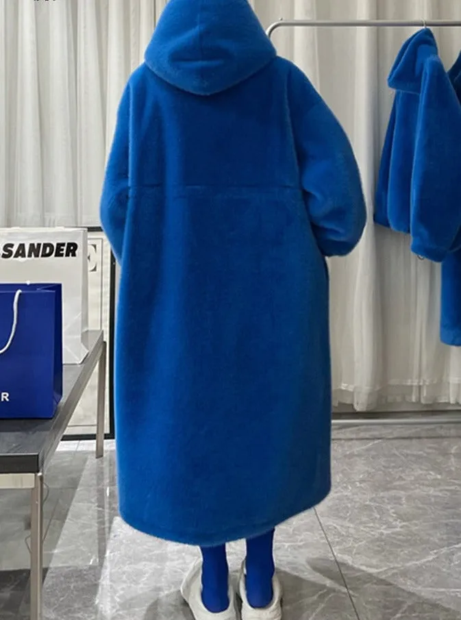 Winter Hoody Long Oversized Warm Thick Blue White Fluffy Faux Fur Coat Women