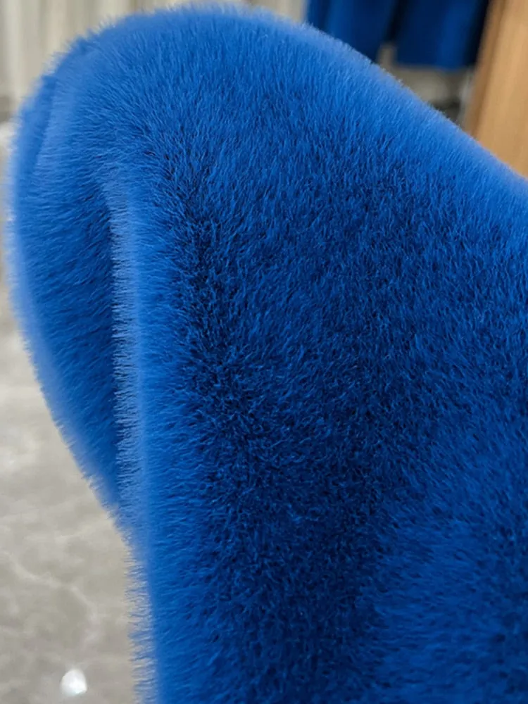 Winter Hoody Long Oversized Warm Thick Blue White Fluffy Faux Fur Coat Women