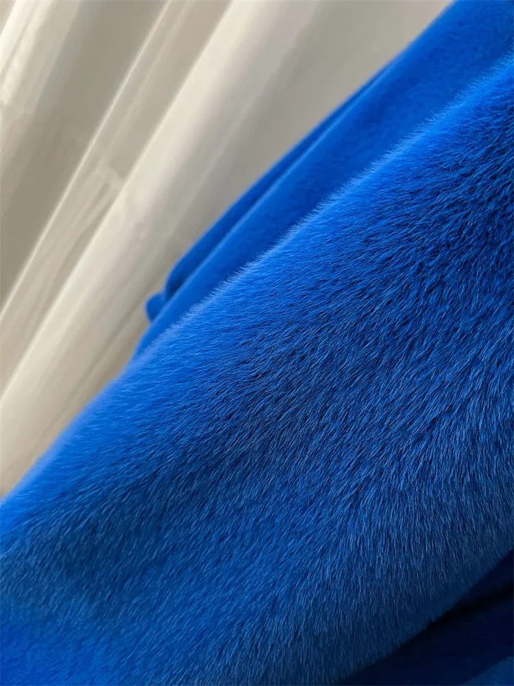 Winter Hoody Long Oversized Warm Thick Blue White Fluffy Faux Fur Coat Women