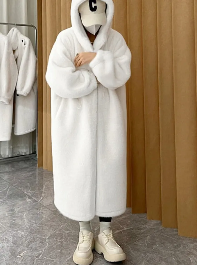 Winter Hoody Long Oversized Warm Thick Blue White Fluffy Faux Fur Coat Women
