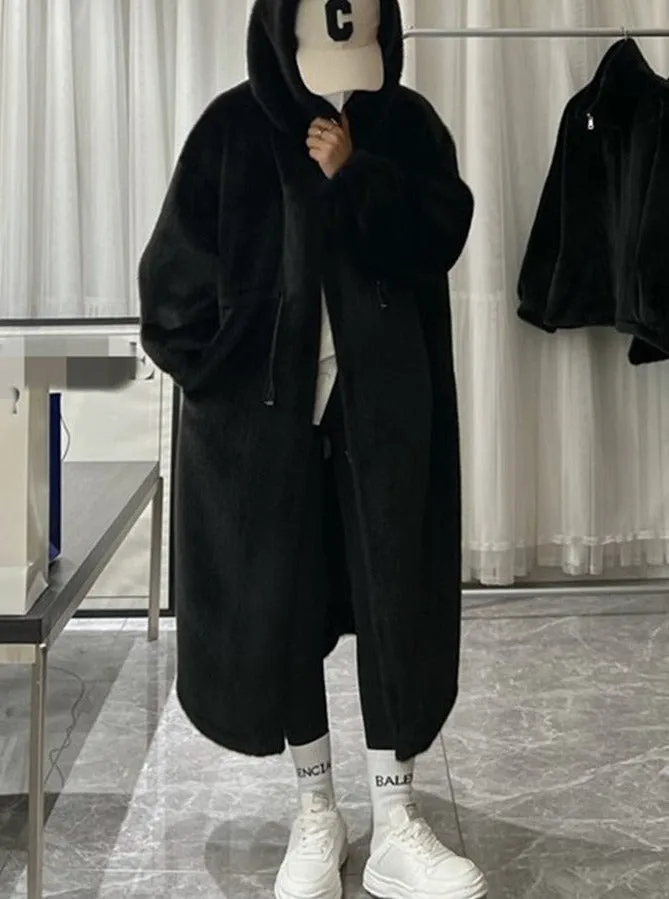 Winter Hoody Long Oversized Warm Thick Blue White Fluffy Faux Fur Coat Women