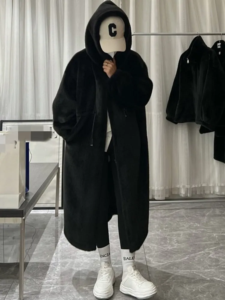 Winter Hoody Long Oversized Warm Thick Blue White Fluffy Faux Fur Coat Women