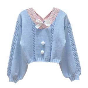 Women Pullover Sweater | V Neck White Pink Blue Yellow Short Sweater | Crop Top Sweater | Kawaii Bow Short Sweater | Korean Style Sweater